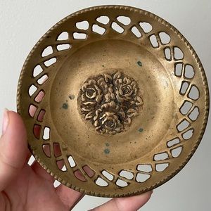 Vintage Solid Brass Pierced Bowl – Raised Floral Rose Motif – Ornate Decorative